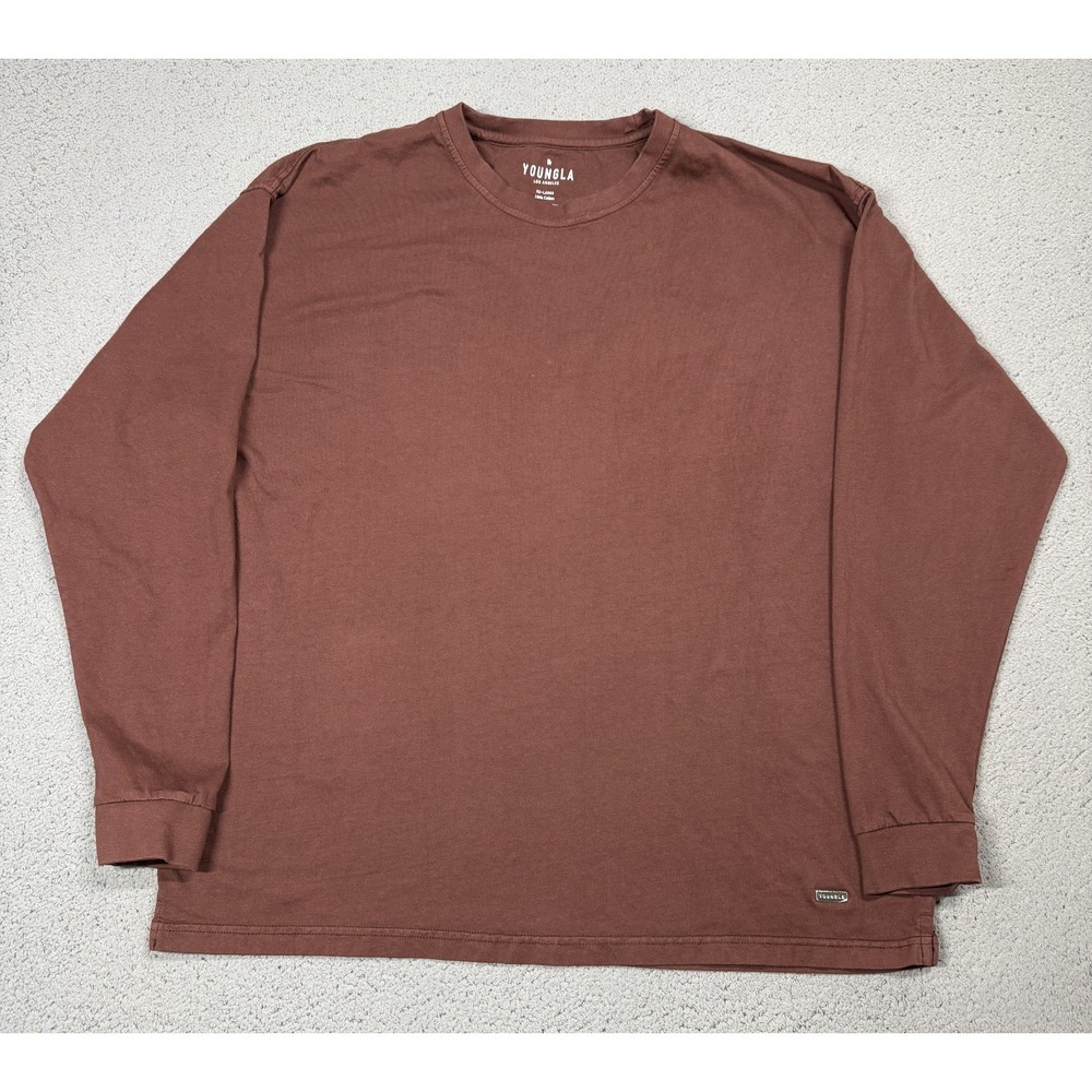 YoungLA Shirt Mens 2XL Brown Long Sleeve Crewneck 100% Cotton Tagless Tee Casual